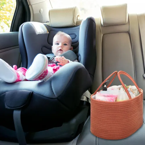 Vista 4 de COMSE Organizador grande de pañales para bebé para niña y niño, organizador de automóvil con asas, cesta de cuerda de algodón para cambiador