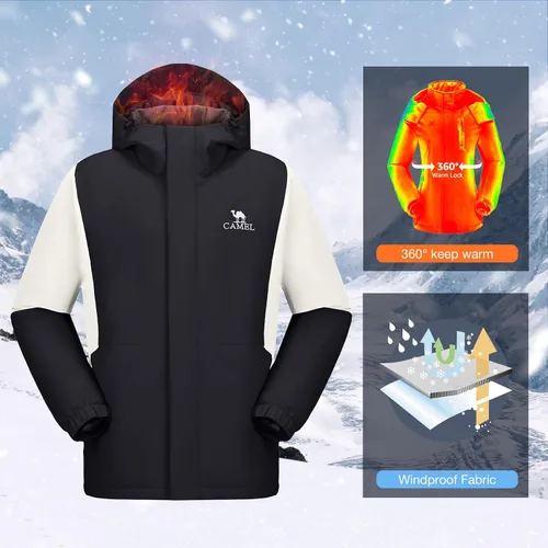 Vista 4 de CAMEL Chaqueta de esquí para hombre, abrigo de invierno, impermeable, chaqueta de snowboard cálida con capucha, parka resistente al viento, ropa