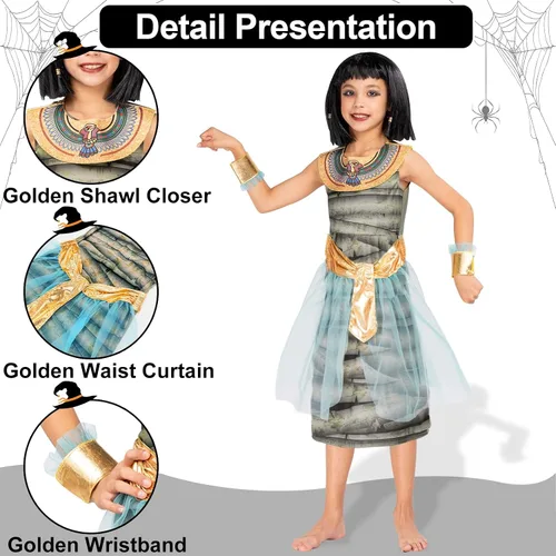 Vista 4 de Camlinbo Girls Halloween Cleopatra Goddess Costume Egyptian Pharaoh Mummy Cosplay Dress up for 7-14 Years