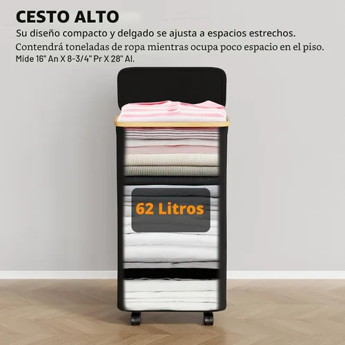 Vista 5 de SpaceAid Cesta de lavandería delgada con ruedas y tapa, cesta de ropa estrecha rodante de 62 litros con mango de bambú, canasta grande para ropa