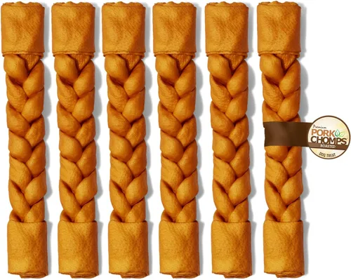 Vista 9 de Pork Chomps Piel de cerdo asada para masticar para perros, trenza de 8 pulgadas, sabor a mantequilla de maní, 1 unidad Oven-baked from real pork