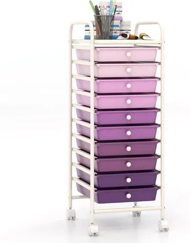 Vista 13 de Giantex - Carro de almacenamiento con ruedas, 10 cajones, organizador para papelería, oficina o escuela (Beige+Amarillo+Gris)