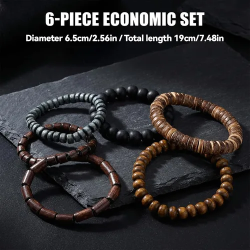 Vista 2 de TIESOME 6 pulseras de cuentas para hombre, cuentas de madera multicapa y pulseras de cuero trenzado, cordón elástico ajustable, estilo grunge