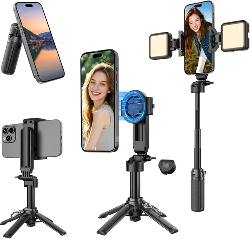 Vista 7 de Mini Palo Magnético para Selfie para iPhone, Trípode Portátil 4 en 1 de Tamaño de Bolsillo para iPhone MagSafe/Android con Control Remoto/Soportes