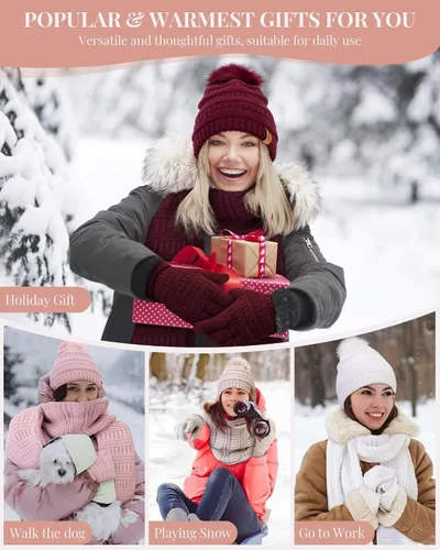 Vista 2 de Conjunto de guantes y bufanda de invierno para mujer, gorro de pompón con forro polar cálido, bufanda de punto larga, guantes para pantalla táctil
