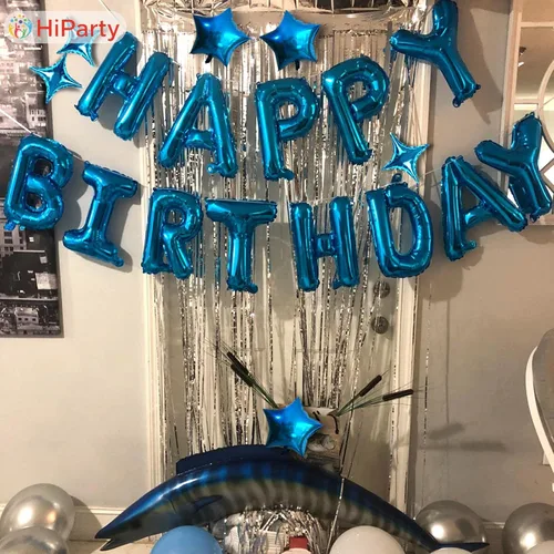Vista 6 de Globos azules de letras de papel de aluminio de Mylar de 16 pulgadas con 6 globos de estrella, decoraciones de fiesta de feliz cumpleaños