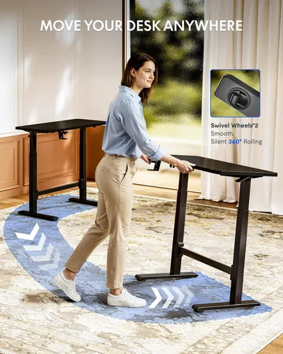 Vista 7 de FLEXISPOT H7 Plus - Escritorio móvil de pie, neumático ajustable, de una sola pieza, 32 pulgadas Cordless standing desk with stable dual-column