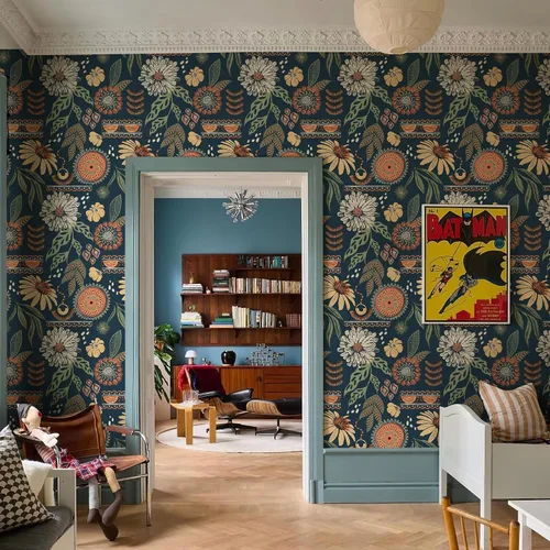 Vista 11 de Simon&Siff Papel tapiz bohemio para despegar y pegar, 17.3'' x 80" papel de contacto floral solar retro removible, flores botánicas oscuras, mural