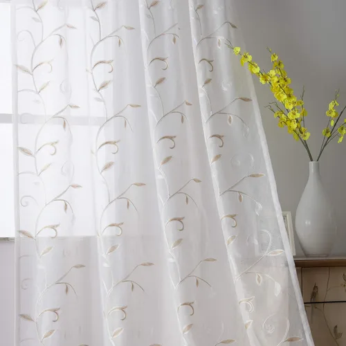 Vista 64 de VISIONTEX 2 paneles de cortinas traslúcidas de 63 in de largo, cortinas de gasa semitransparentes bordadas con hojas florales beige, bolsillo