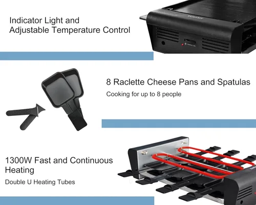 Vista 5 de TAMARIT Parrilla de Mesa Raclette para 8, 2 en 1 Estilo Suizo Pequeño Sin PFAS Antiadherente Placa de Parrilla/Plancha Reversible Control