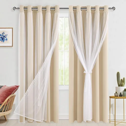 Vista 62 de Hiasan Cortinas opacas con superposición transparente, aislamiento térmico para mezclar y combinar de doble capa, cortinas de oscurecimiento de Beige