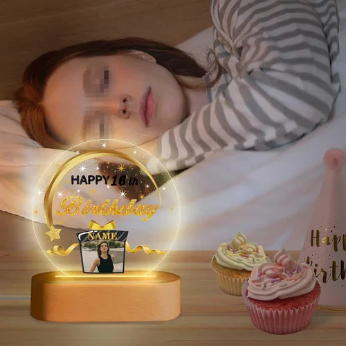 Vista 4 de Regalos de cumpleaños personalizados, lámpara de luz nocturna LED acrílica, placa de bola de cristal, nombre de foto personalizado, regalos