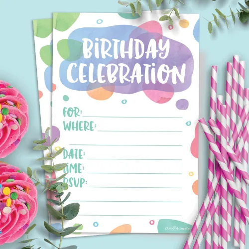 Vista 2 de Puntos de acuarela – Invitaciones de fiesta de cumpleaños – Estilo de relleno (20 unidades) con sobres