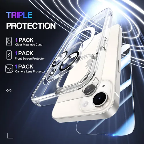 Vista 3 de Maxdara - Carcasa magnética transparente para iPhone 13 con protector de pantalla, transparente Funda transparente delgada 3 en 1 con protector