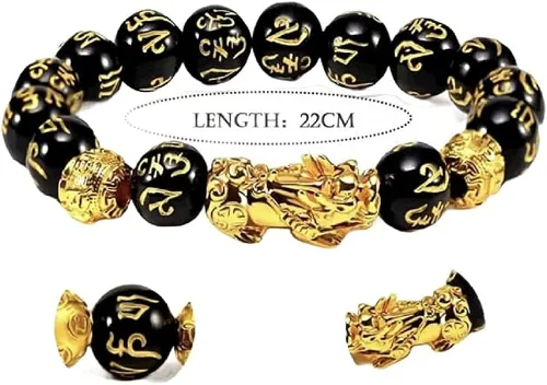 Vista 2 de Pulsera de obsidiana negra con certificación india Feng Shui de 0.472in, Pixiu y Dragón para buena suerte, riqueza y atraer dinero cobrado por Reiki