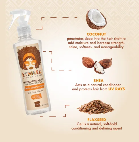 Vista 4 de ETNIKER Curl Refresher Spray. Cabello rizado y ondulado. Revive y refresca. Coco, linaza, manteca de karité y extracto de semilla de rambután