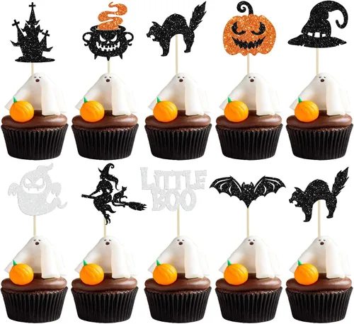 Vista 17 de Gyufise 24 adornos para cupcakes de Halloween con calabaza, fantasma, purpurina negra, decoraciones para cupcakes para niños, decoración de fiesta