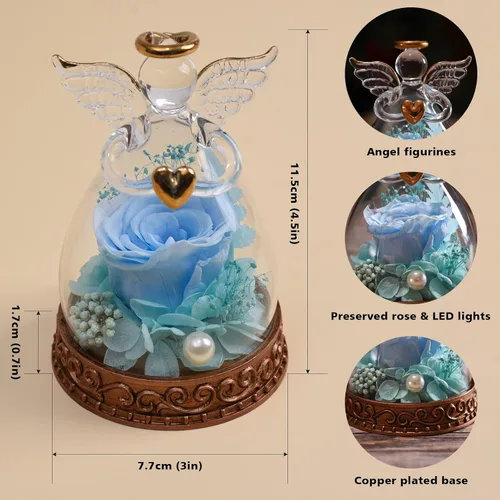 Vista 2 de Figura de ángel de rosa real preservada en vidrio con luz LED, regalos de ángel para mujeres, mamá, abuela en el día de la madre, Navidad, Azul