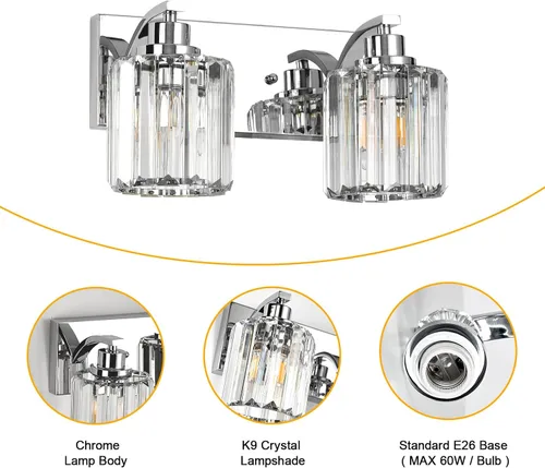 Vista 5 de 2 luces de cristal para tocador de baño, moderna cromada, accesorios de iluminación de baño sobre espejo para espejo base E26