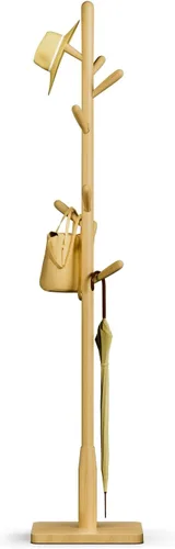 Vista 21 de Perchero de madera maciza, perchero independiente en forma de árbol con 11 ganchos, poste principal de 1.6 pulgadas de diámetro para ropa, soporte