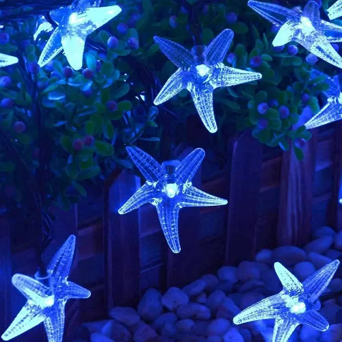 Vista 2 de Luces solares de estrella de mar, impermeables, de 15.7 pies, 20 luces LED de noche con estrellas de mar y océano, mar, mundo, luces de noche