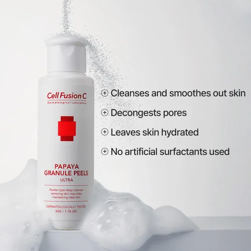 Vista 3 de Cell Fusion C Papaya Granule Peels Ultra, gel facial en polvo para pieles sensibles con enzima de papaya, aclara y limpia para una piel más suave