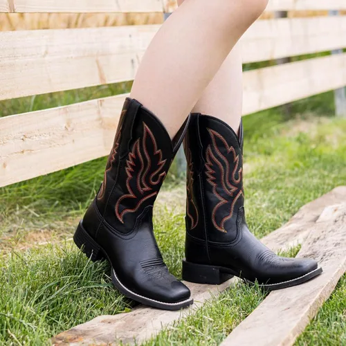 Vista 3 de Palitutu Botas vaqueras para mujer a media pantorrilla, botas vaqueras de cuero para mujer, botas de punta con bordado occidental