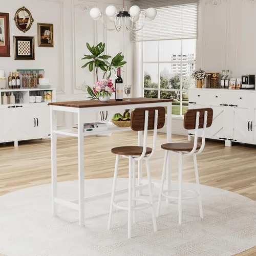 Vista 7 de LUMISOL Juego de mesa de barra de 3 piezas con almacenamiento para 2, moderno juego de mesa de comedor de metal con 2 taburetes, ahorra espacio
