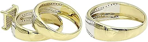Vista 2 de Juego de anillos de compromiso de diamantes de corte redondo DVVS1 para él y para ella, plata de ley 925 chapada en oro de dos tonos de 14 quilates