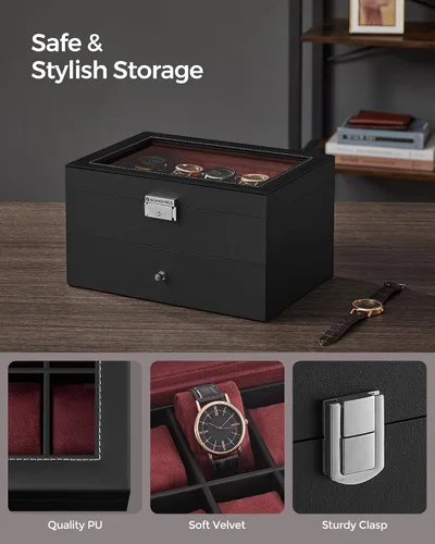 Vista 3 de SONGMICS Caja de reloj de 20 ranuras, caja de reloj con tapa de vidrio, 2 capas, vitrina de reloj con cerradura, cuero sintético negro, forro rojo