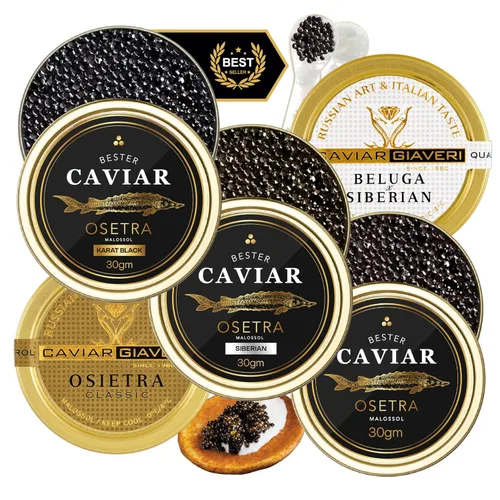 Vista 11 de BESTER CAVIAR Royal Beluga - Juego de muestras híbridas de 1.05 onzas (1.06 oz) - Paquete de muestras de esturión Huso huso x Baerii - Juego