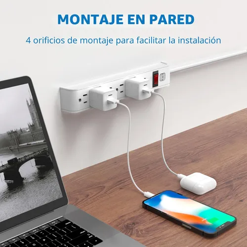 Vista 3 de Regleta protectora de sobretensiones, cable de extensión de 4 pies, protección contra sobretensiones de 600 julios, protección múltiple de 6 tomas