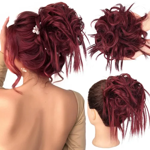 Vista 13 de HMD - Extensiones de cabello tipo chongo alborotado con rodelo despeinado, banda elástica de goma, extensiones de cabello sintético para mujer 12H24