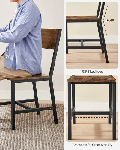 Vista 5 de VASAGLE Juego de 2 sillas de comedor, sillas de madera rústica con marco de acero metálico, fácil de montar, asiento cómodo, silla moderna de granja
