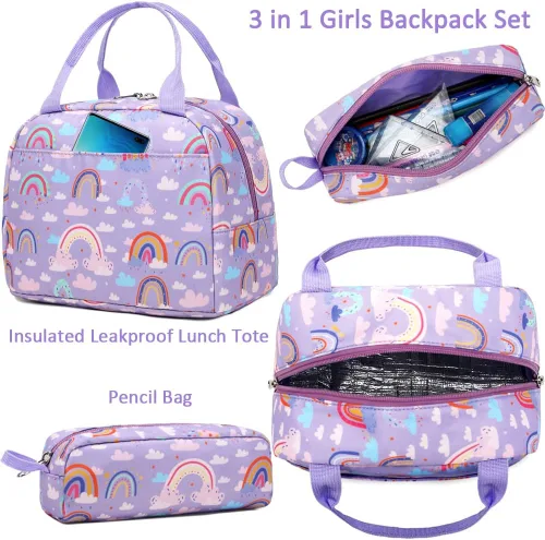 Vista 102 de Juego de mochila para niñas y adolescentes, mochila escolar para niños con bolsa para el almuerzo, estuche para lápices, mochilas escolares