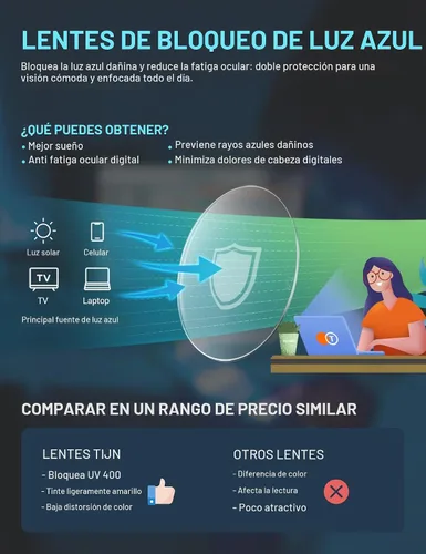 Vista 4 de TIJN Lentes de bloqueo de luz azul para hombres y mujeres, anteojos 00. Lente transparente/naranja