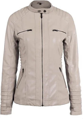 Vista 5 de Springrain Chaqueta de motociclista de cuero sintético para mujer con capucha desmontable Albaricoque