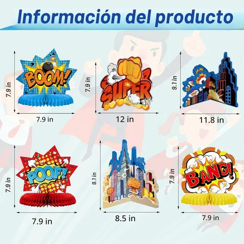 Vista 2 de 10 piezas de decoración de fiesta temática de héroe, centros de mesa 3D con temática de héroe, decoración de mesa de papel con palabras grandes