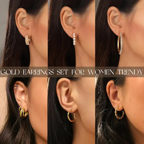 Vista 3 de Juego de 36 pares de aretes de aro dorados para mujeres y niñas, paquete múltiple de aretes de aro trenzados, hipoalergénicos, de cadena gruesa
