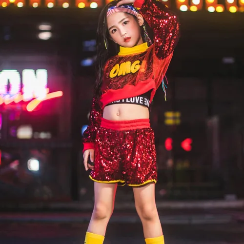 Vista 2 de LOLANTA Disfraces de baile de lentejuelas para niñas, pantalones cortos de malla con camiseta sin mangas, trajes de baile hip hop para niños