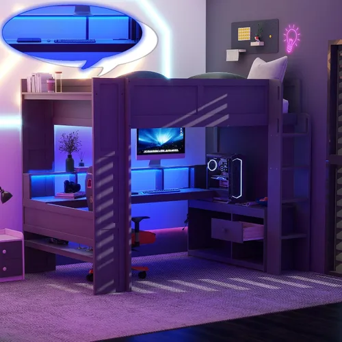Vista 10 de Polibi Cama loft de tamaño individual para juegos con escritorio, LED y estación de carga, marco de cama loft de madera con estantes