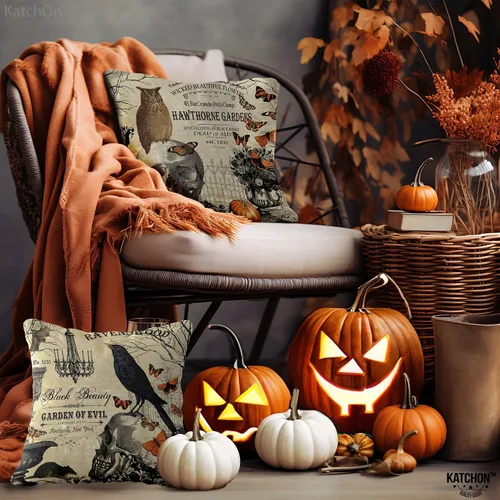 Vista 8 de KatchOn, Fundas de almohada vintage de Halloween de 18 x 18 pulgadas, paquete de 4 fundas de almohada de calavera Fundas de cojín de calabaza