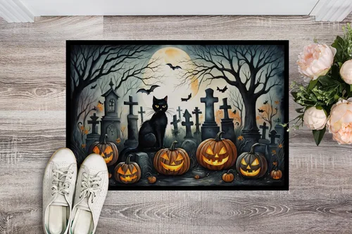 Vista 2 de Caroline's Treasures DAC2223MAT - Felpudo espeluznante de Halloween con gato negro de 18 x 27 pulgadas, tapete para puerta delantera