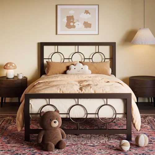 Vista 9 de SHA CERLIN Marco de cama de metal tamaño King con cabecera y pie de cama de diseño circular vintage, no requiere somier, fácil montaje, sin ruido