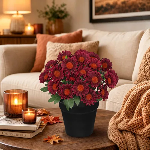 Vista 5 de Flores artificiales de crisantemo en maceta negra de 9 pulgadas, plantas artificiales de seda para decoración de interiores y exteriores, centro
