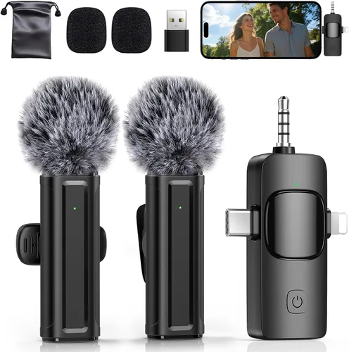 Vista 9 de Mini micrófono inalámbrico para iPhone, iPad, Android, paquete de 2 micrófonos Lavalier con clip giratorio de 360°, micrófono USB-C con reducción