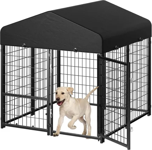Vista 10 de Perrera para Perros al Aire Libre, Perrera para Perros con Techo y Comederos Giratorios/Puerta para Perros Desmontable Permite Conectar Su Casa
