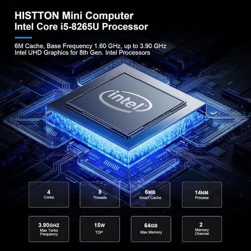 Vista 2 de HISTTON Mini computadora Windows 11 Pro, Mini PC de escritorio Core i5-8265U, DDR4 8 GB de RAM, SSD de 128 GB, Micro PC, Dual LAN, BT4.2, Mini PC