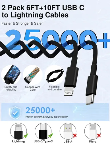 Vista 5 de Paquete de 2 cables USB C a Lightning de 6/10 pies [certificado Apple MFi], cable USB tipo C a Lightning, cable de carga rápida USBC para iPhone