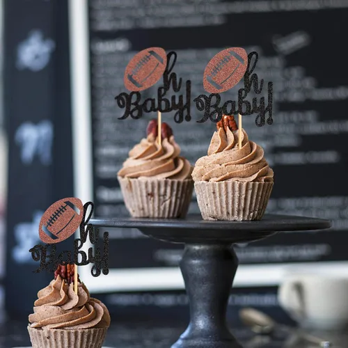 Vista 6 de Ercadio Paquete de 24 adornos para cupcakes de fútbol americano Oh Baby - Púas de rugby con purpurina negra para temática deportiva, baby shower